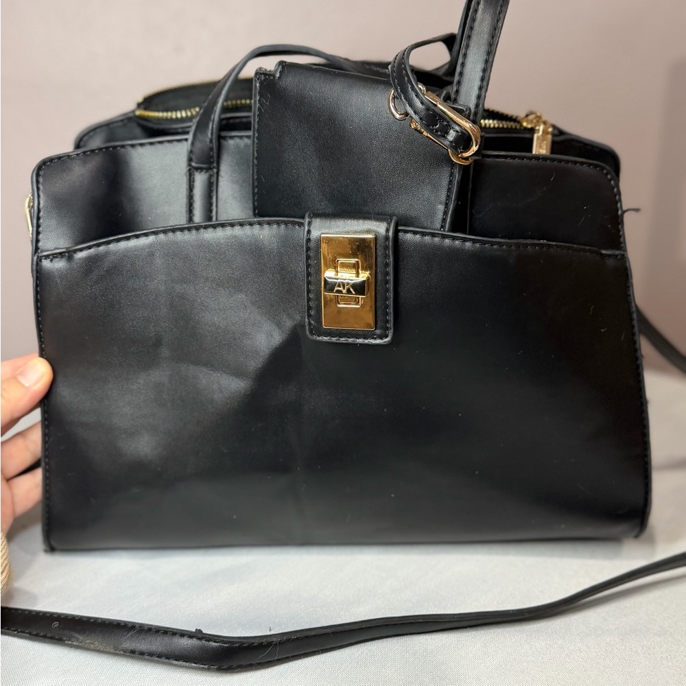 Anne Klein black faux leather turnlock tote bag